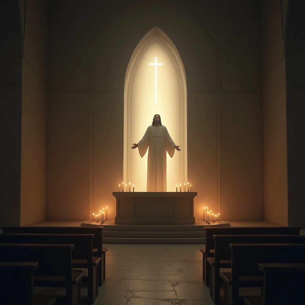 Visualize a humble, candlelit chapel with an empty altar. The warm light from the candles flickers softly, and a faint silhouette of Jesus is visible through the glow, embodying the essence of faith in what is not visible to the eye.
