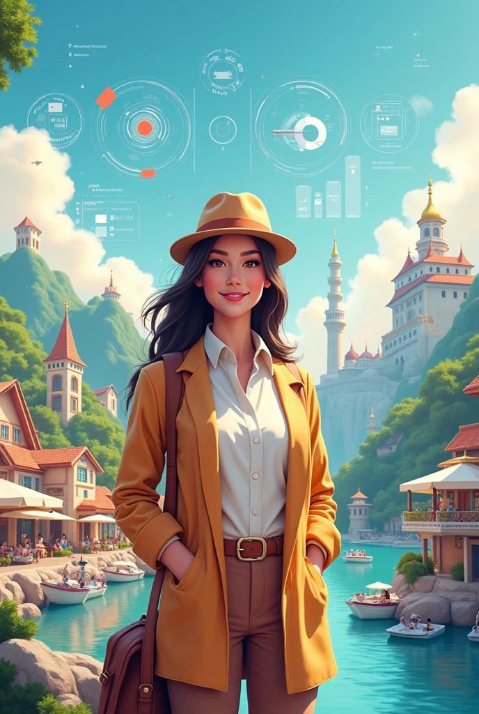 I want you to create an image that represents the name of visionary travelers, which consists of digitally managing tourist destinations and providing help to marketing beginners.