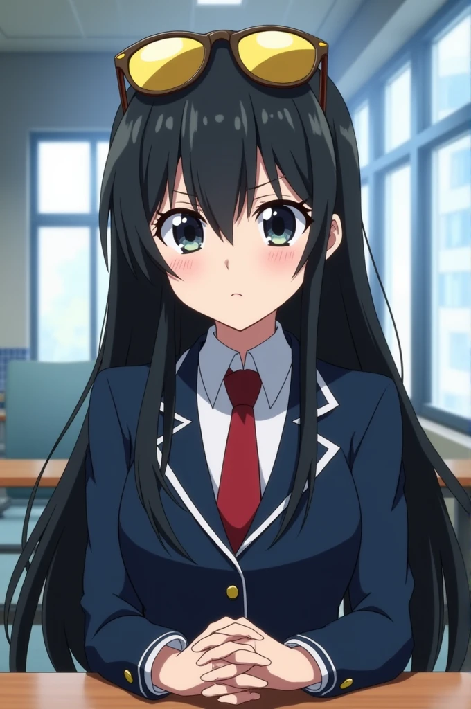 Screenshot of my hero academia. girl, black hair, black eyes, uniform of the U.A., is sitting at a table, expression would be, yellow glasses on head