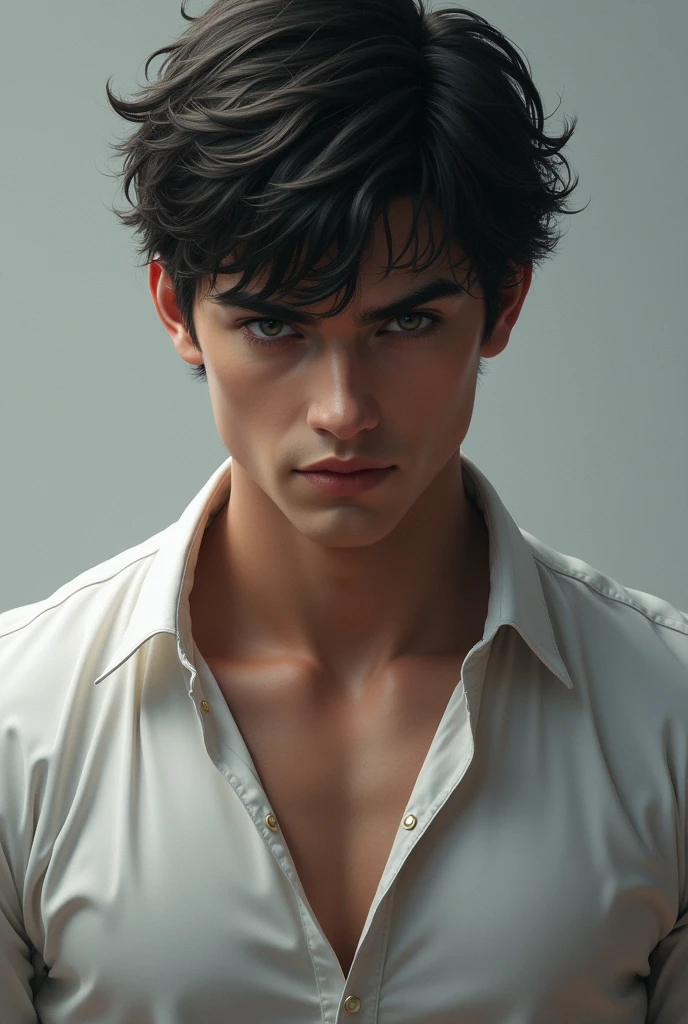 handsome boy, short hair, black hair, gray eyes, white formal