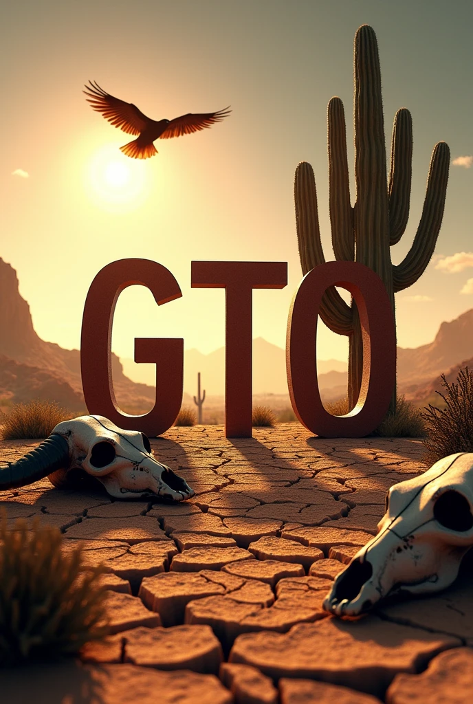 REALISTIC IMAGE with the name GTO highlighted in the center of the image. a cactus in the background, a bull skull and a black caracara flying in the sky, the dry and cracked soil of drought, and a sun in the sky.