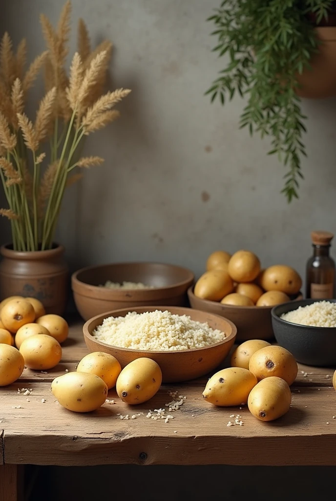 a homely wooden table with potatoes, videos, rice, potato, pan, sweet potato