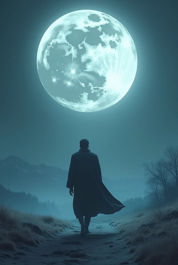 image of a man walking on a full moon night