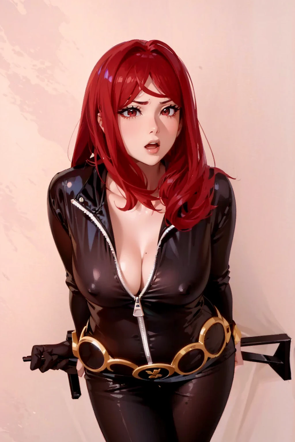 The image depicts a girl with bright red hair dressed in a black outfit. Her attire includes a sleek skin-tight shiny black latex bodysuit with a deep-cut zipper neckline revealing a large chest, the silver zipper running down the front. The suit is complemented by her golden wrist guard on both wrists and a belt of golden circles around her waist. The woman is equipped with accessories that convey a sense of preparedness for combat, notably. She is holding a long rifle gun behind her back with both hands. Her fair complexion and well-toned body contribute to the faithful representation of the character she is emulating. She has a cute smile on her face. She appears confident, embodying the characteristics of the skilled and self-reliant superheroine she is portraying.