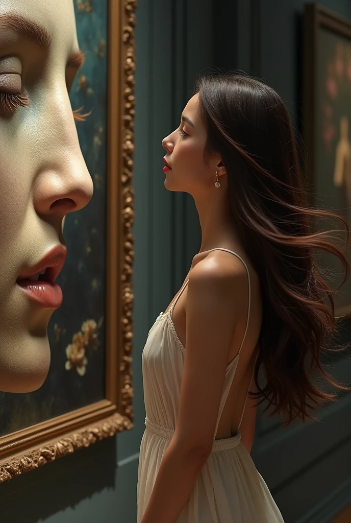 8k, best quality, head of'artwork, realistic, ultra detailed, photo realistic, Augmenter la qualité,
une photo d'une fille au musé face à une artwork la regarde avec profondeur,brune,dress in a beautiful transparent light dress, black color ,hair in the wind,cosy,elegant,dans le style d'a dark and brooding designer, masse volumineuse, photobash, visages sexy, irregular edges, marine, natural beauty,jambes parfaites,corps naturel,poses sexy,Photo en gros plan