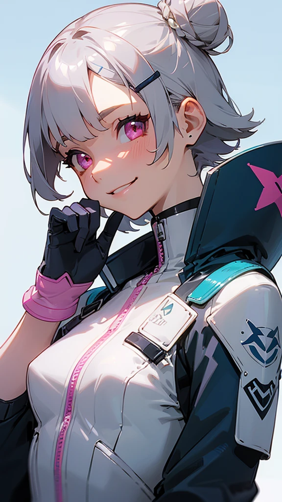 (Highest quality、Ultra-fine、Genuine)、1 person、Riders jacket、Small breasts、A silver short bob hair clip tied into a bun、Pink Eyes、From the side、gloves、smile、smile、blue sky、Upper body close-up、Sharp contours