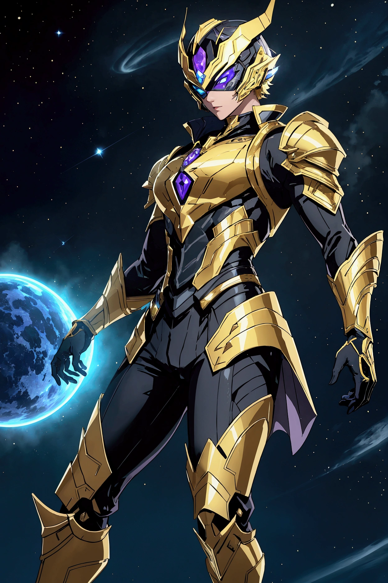 It's a man. The image presents a highly detailed and futuristic armor designed for a male warrior. The armor combines elements from different parts to create a cohesive and powerful look. Helmet: The helmet features a sleek, aerodynamic design with a golden metallic finish. It has a central crest that rises upwards, and the visor glows with a bright blue light, giving it a high-tech, futuristic appearance. Pauldrons (Shoulder Pads): The shoulder pads are designed to be close to the chest, with angular lines extending smoothly toward the shoulders. They have a polished golden finish and curve elegantly upward, creating a harmonious transition between the chest and shoulders, while providing a majestic and protective look. Chest Plate: The chest plate is intricately segmented, with a combination of gold and dark metallic blue. It has a gem-like crystal in the center that emits a soft, mystical glow. The design of the chest plate is both protective and regal, with sharp, angular lines that add to the overall futuristic aesthetic. Arm Guards: The arm guards are sleek and streamlined, with articulated golden and purple segments that offer flexibility and protection. The design of the gauntlets is both robust and elegant, incorporating futuristic elements that blend with the classic style. Leg Armor: The legs are armored with segmented plates that are primarily gold and purple. The boots are angular and sturdy, with a design that conveys both strength and agility. The overall look of the leg armor is grounded yet sleek, completing the ensemble with a powerful stance. The background of the image is a dark cosmic scene, filled with distant stars and nebulae that highlight the polished surfaces of the armor. Dynamic lighting is used to emphasize the key features, particularly the glowing visor and central chest gem, reinforcing the mystical and imposing nature of the warrior.