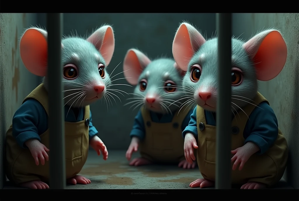 A distressing scene of several anthropomorphic rats trapped in a dark, damp cell. They wear worn and dirty work clothes., like workmen&#39;s overalls, wrinkled office uniforms, and stained aprons. Each mouse has visibly sad facial expressions, with tears streaming from his eyes. Their gazes are empty and apathetic, reflecting the despair and exhaustion of their lives. The dim light coming through the cell bars illuminates their faces dramatically., highlighting the tears falling on his wet whiskers. The atmosphere is gloomy, with cold stone walls and concrete floors, reinforcing the feeling of imprisonment and desolation. The image should capture the deep sadness and sense of despair of the rats.