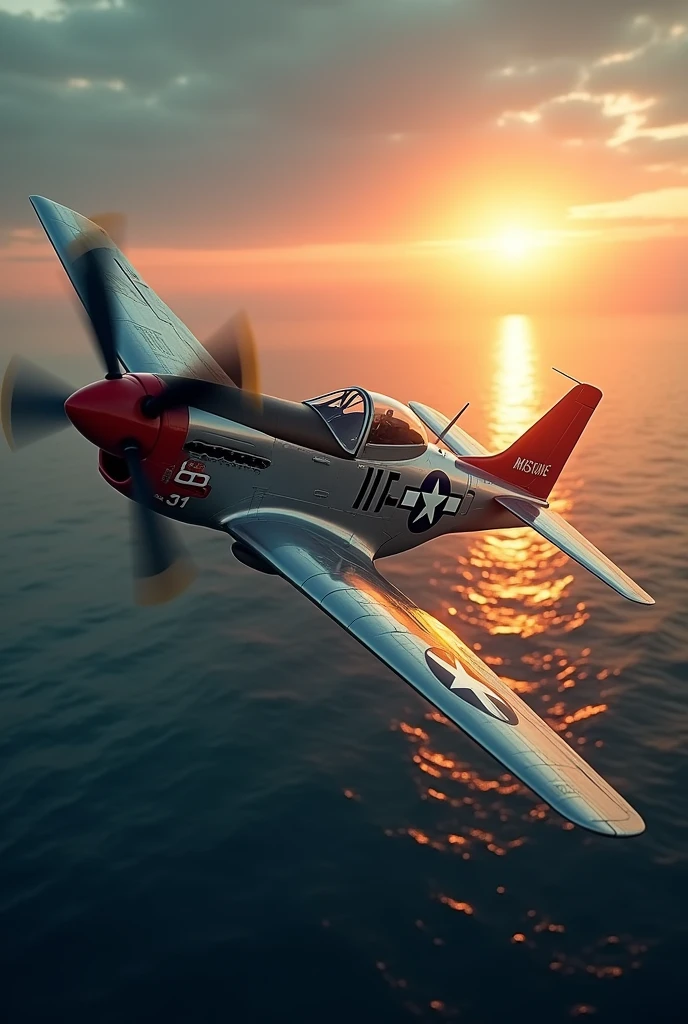 Secret Mission at Dawn: A P-51 Mustang plane flying low over the ocean at dawn, with the sun rising over the horizon. The waters reflect the orange sky as the plane prepares for a secret mission.
"hyper realistic"