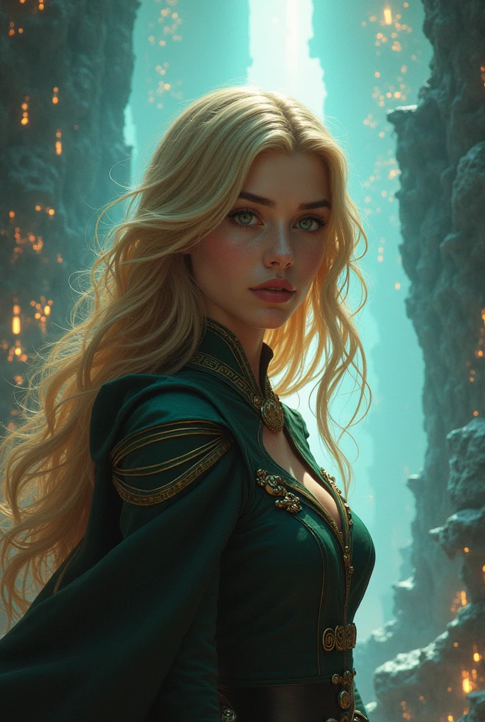A green princess in a fantasy setting with a blonde floating hair. Wearing a sexy green silky dress with cleavage. Green Emerald stone necklace. Crown. Bracelet. She is rather slim. Very small breasts. Small hips and long thin legs. White skin with. A narrow soft face. Soft round chin. A very long and big nose. Cute curved lips. Big upturned eyes. Very bright and barley visible eyebrows. Very very thin eyebrows. Long neck. Ambitious and Cunning personality. backgrounds: battlefield. Great at fighting. Carrying the Green Sword. Fighting scene. dynamic pose