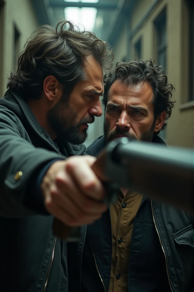 A man with a shotgun shoots another man