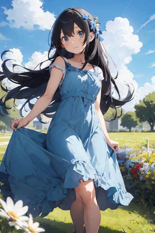 1 female, , blue long dress, cute eyes, , as , light blue long hair, white eyes, blind, blue sky, grass, flowers