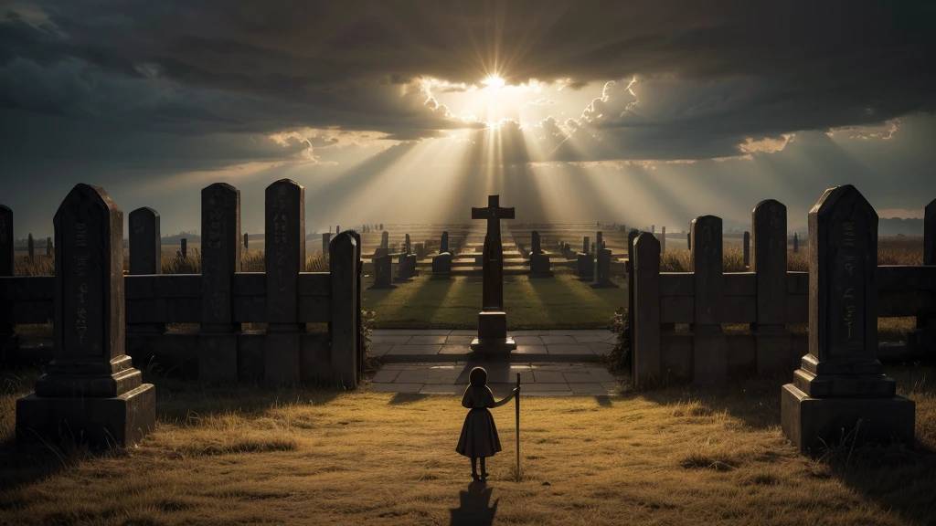 "Create a high-resolution thumbnail image on YouTube with the theme 'What does the Bible say about death?'. The image should be striking, featuring a dramatic contrast between light and dark. In the foreground, depict an open, radiant Bible , with light rays emanating from the pages, pushing away shadows. In the background, a faint silhouette of a cemetery or symbolic gate, slightly blurred to keep the focus on the Bible, should be bold, in bright yellow or white, with a subtle glow effect to stand out. of the darkest tones. The overall composition should evoke curiosity and reflection."