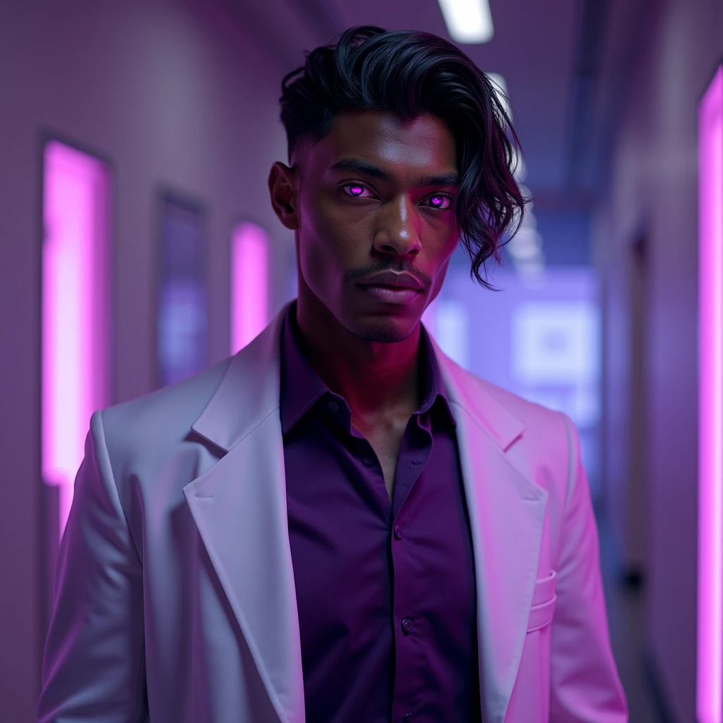 Photograph headshot, very tall French featured male model, medium length wavy-curl-wavy side parted hair, shaved, toned body, ebony skin, vibrant purple eyes, tall thin toned body. Gentle smile expression. Doctor coat, dark purple shirt, modern sci-fi hospital office.