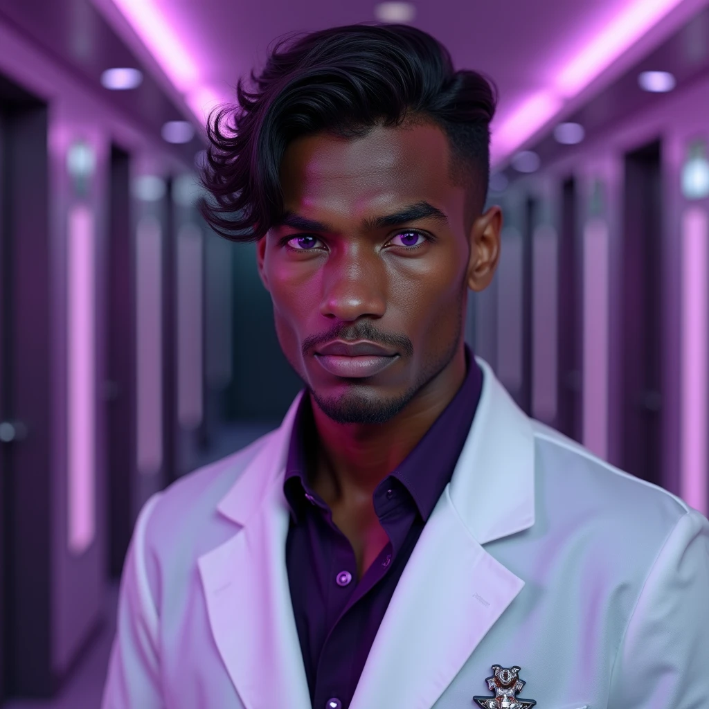 Photograph headshot, very tall French featured male model, medium length wavy-curl-wavy side parted hair, shaved, toned body, ebony skin, vibrant purple eyes, tall thin toned body. Gentle smile expression. Doctor coat, dark purple shirt, modern sci-fi hospital office.