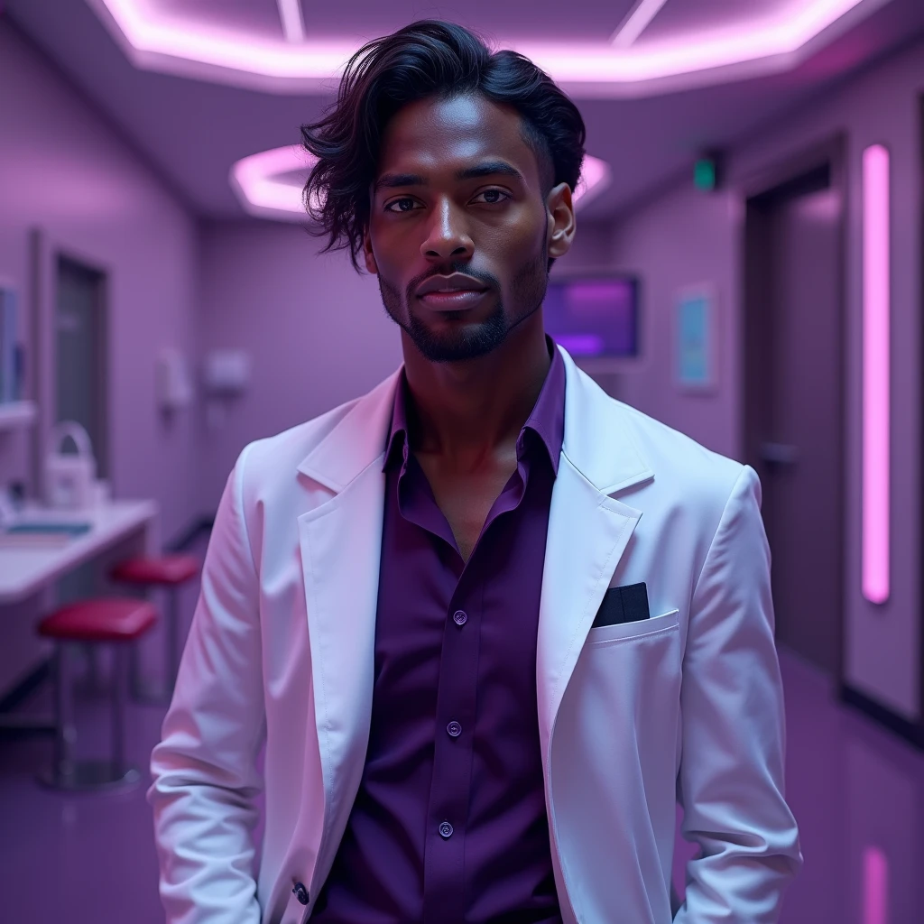 Photograph headshot, very tall French featured male model, medium length wavy-curl-wavy side parted hair, shaved, toned body, ebony skin, vibrant purple eyes, tall thin toned body. Gentle smile expression. Doctor coat, dark purple shirt, modern sci-fi hospital office.