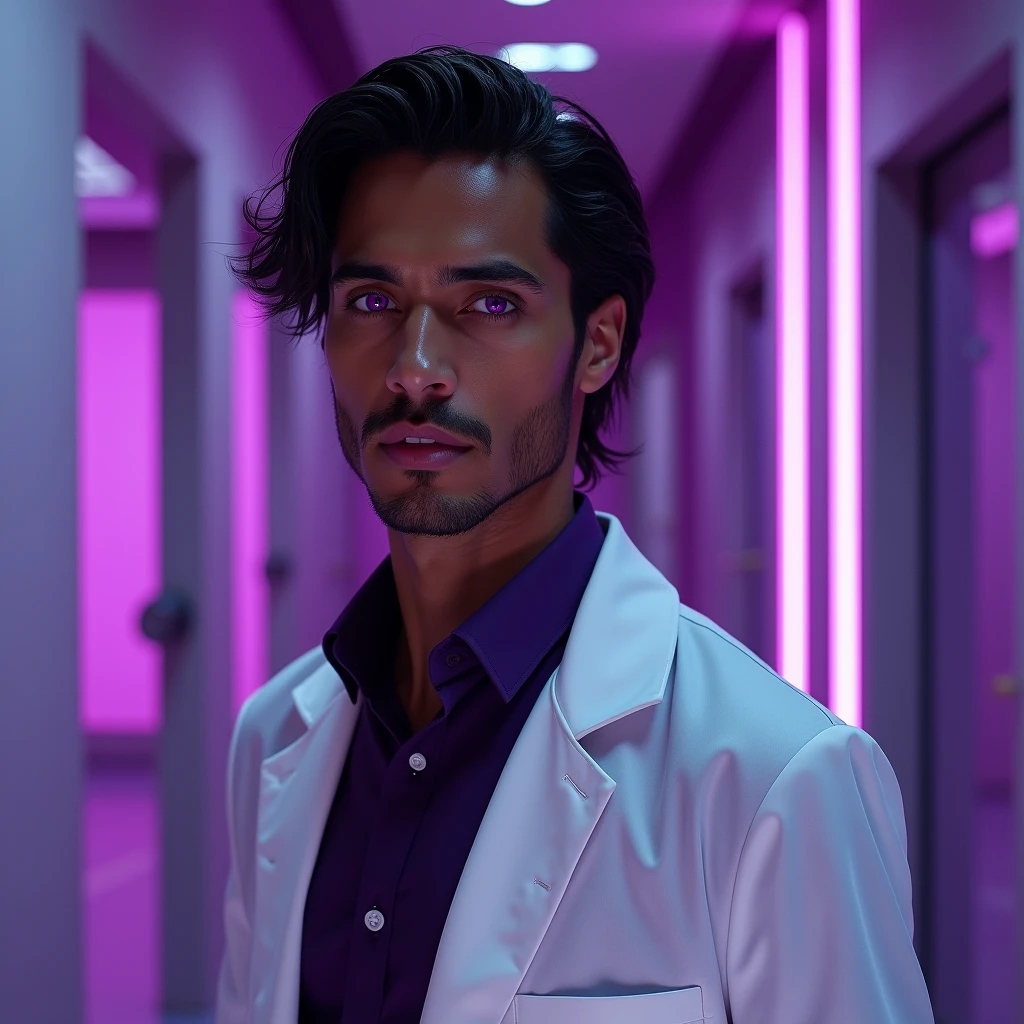 Photograph headshot, very tall French featured male model, medium length wavy-curl-wavy side parted hair, shaved, toned body, ebony skin, vibrant purple eyes, tall thin toned body. Gentle smile expression. Doctor coat, dark purple shirt, modern sci-fi hospital office.