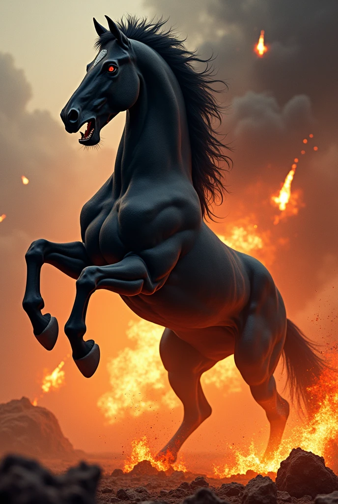 Erstelle ein Bild mit einem black angreifenden aggressiven mächtigen zugpferd hengst
mit starken Muskeln und Adern und feuerroten Augenund einem offenem maul. It stands on its hind legs and the front legs are stretched high in the air. black, carbonizing, flames ground in stomps. The background should be a flaming inferno so that you can see the heat. There are rockets in the sky that are being intercepted
