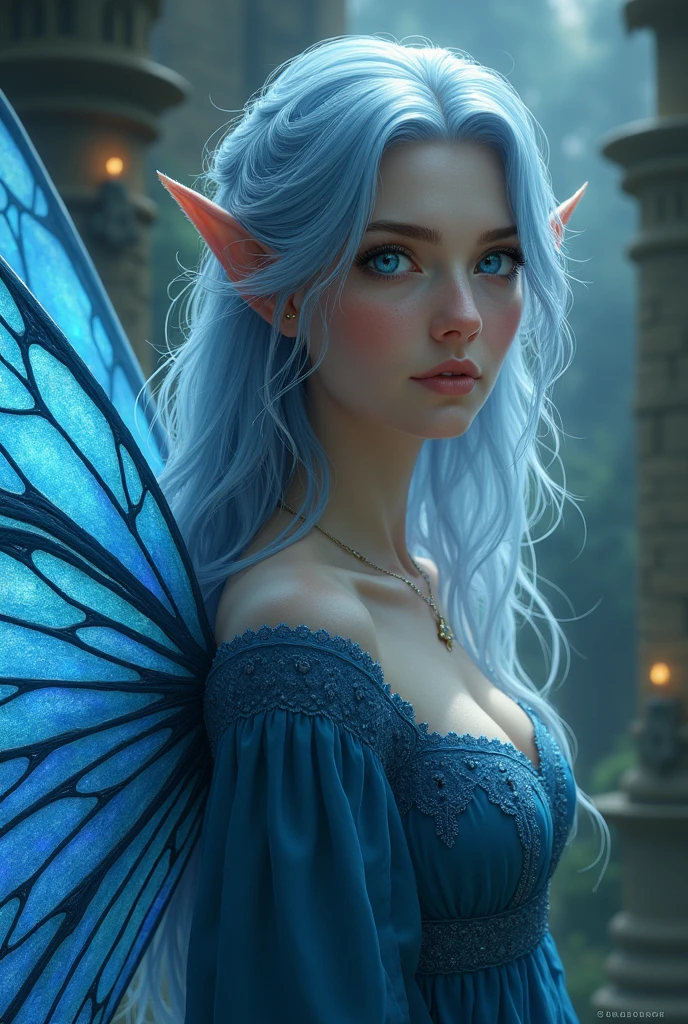 An adult fairy with blue long hair and blue eyes. She is in her mid 30s. She has deep blue fairy wings, which are wetted by water. She has a wise expression. She wears medieval clothing.