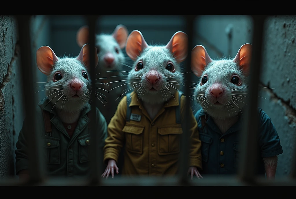 A distressing scene of several anthropomorphic rats trapped in a dark, damp cell. They wear worn and dirty work clothes., like workmen's overalls, wrinkled office uniforms, and stained aprons. Each mouse has visibly sad facial expressions, with tears streaming from his eyes. Their gazes are empty and apathetic, reflecting the despair and exhaustion of their lives. The dim light coming through the cell bars illuminates their faces dramatically., highlighting the tears falling on his wet whiskers. The atmosphere is gloomy, with cold stone walls and concrete floors, reinforcing the feeling of imprisonment and desolation. The image should capture the deep sadness and sense of despair of the rats.
