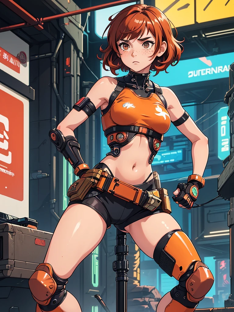 (masterpiece), (best quality), ((one girl)),(( red copper hair)),(brown eyes),short hair, curly hair, anime style, freckles, (small breast), (petite figure), legs,((cyberpunk armor)), (blue armor)),(almond eyes) ,( tan skin)