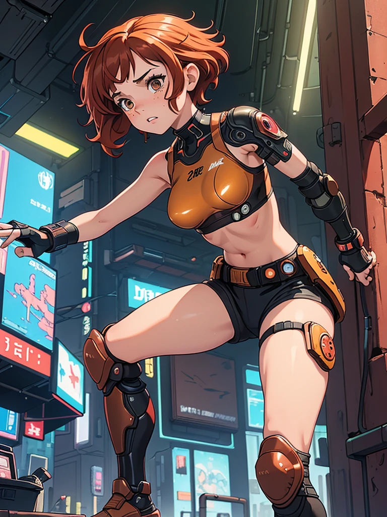 (masterpiece), (best quality), ((one girl)), red copper hair,(brown eyes),short hair, curly hair, anime style, freckles, (small breast), (petite figure),knee pads, legs, (desert background)), ((cyberpunk)),knee guard pads, (almond eyes) , tan skin, fighting gloves