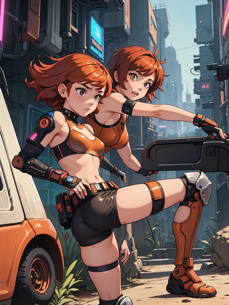 (masterpiece), (best quality), ((one girl)), red copper hair,(brown eyes),short hair, curly hair, anime style, freckles, (small breast), (petite figure),knee pads, legs, (desert background)), ((cyberpunk)),knee guard pads, (almond eyes) , tan skin, fighting gloves