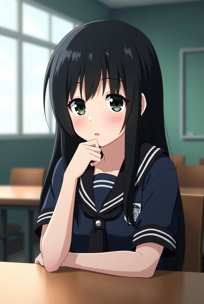 Screenshot of my hero academia. girl, black hair, black eyes, uniform of the U.A., is sitting at a table, expression would be