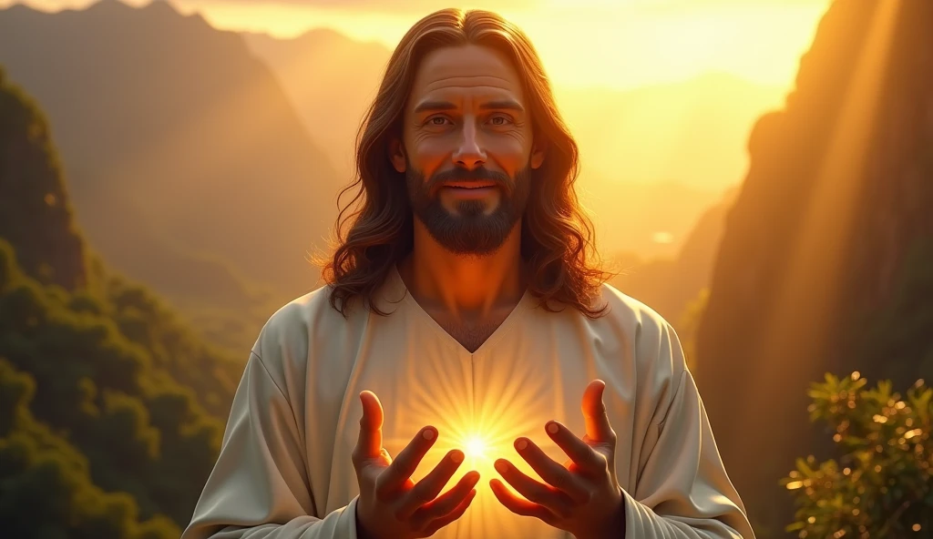 Ultra realistic Christ smiling with loving face with hands in blessing gesture to the viewer. shine that comes from an ultra radiant heart in light, loving, shining eyes to the viewer, convey depth and tropical mountain background and afternoon sun with many rays of light coming from the sky