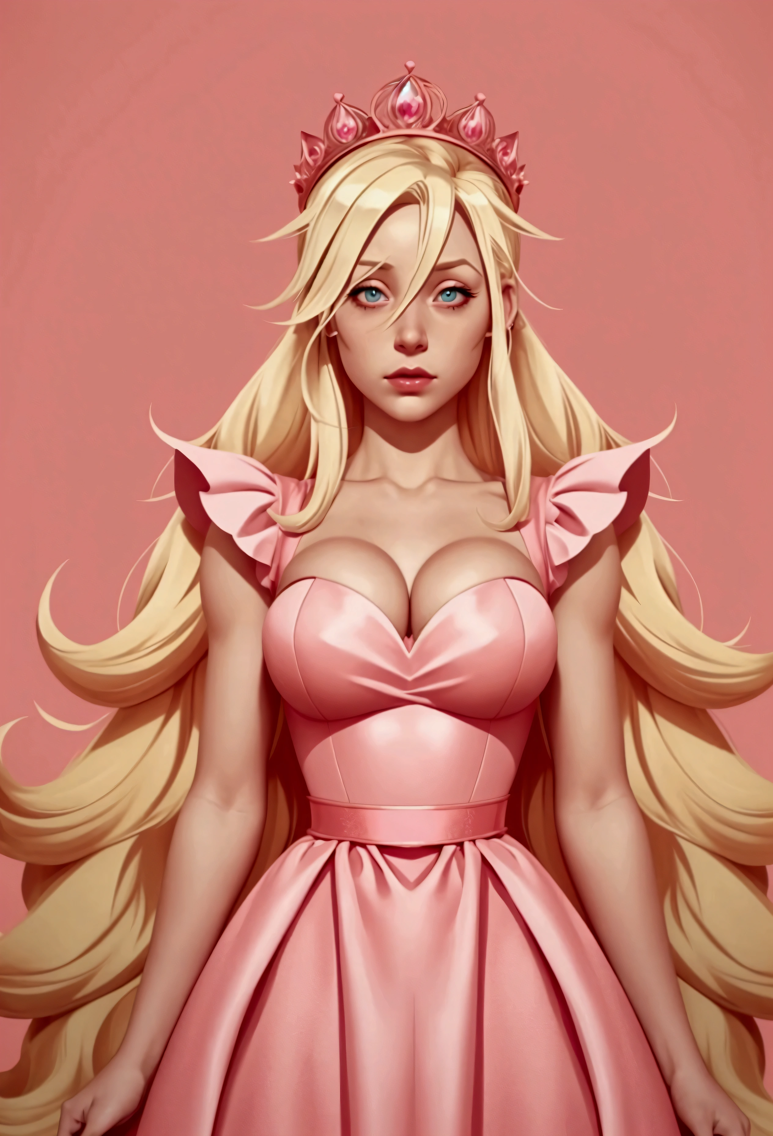 A blonde woman, long pink dress, princesa peach, In an apocalyptic scenario, ((high qualiy))