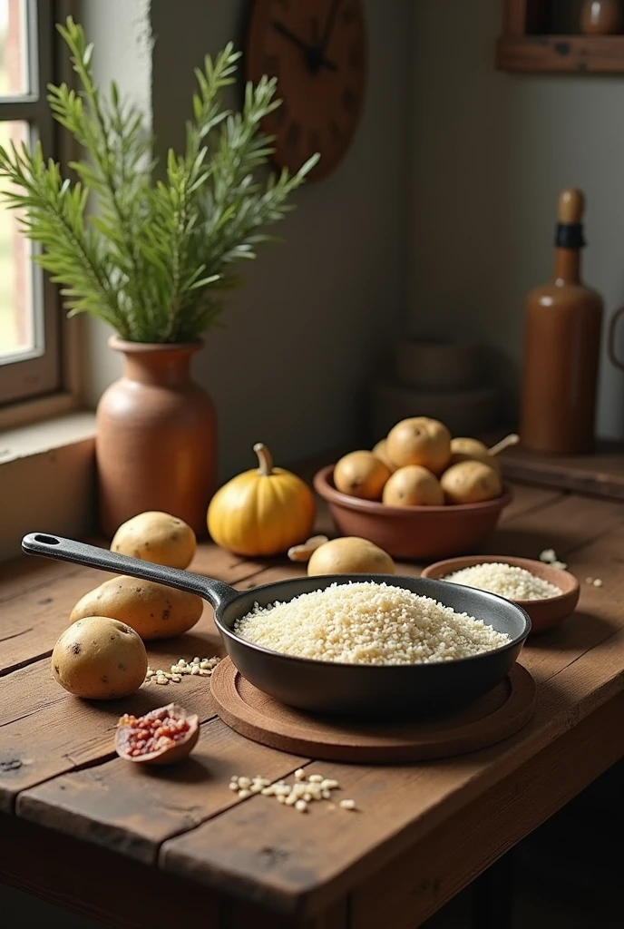 a homely wooden table with potatoes, videos, rice, pan