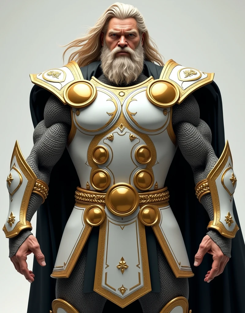 1. **Character Overview**:
- The image features a thor character, resembling a mythological or heroic figure, dressed in elaborate and regal armor.
- The character has long, flowing blonde hair and a full beard, giving them a rugged yet majestic appearance.
2. **Armor Design**:
- The armor is intricately designed, primarily in white with gold accents, giving it a noble and divine look.
- The chest plate is adorned with large, circular gold emblems that are symmetrically placed, adding a sense of grandeur.
- The armor has a mix of hard, smooth plates and chainmail-like segments, combining both protection and flexibility.
3. **Shoulder Pauldrons**:
- The shoulder pauldrons are large and rounded, made of a gleaming gold metal, which adds to the character's imposing presence.
- The pauldrons are embellished with detailed engravings and patterns, further enhancing the armor's regal quality.
4. **Sleeves and Gauntlets**:
- The sleeves beneath the armor are made of gold-colored scales that resemble dragon or serpent skin, indicating strength and durability.
- The gauntlets are intricately detailed, with gold and white designs that match the overall aesthetic of the armor. They appear both functional and ceremonial.
5. **Cape**:
- The character wears a black cape, which drapes down the back, adding to the figure's imposing and heroic aura.
- The cape has gold trim, which ties in with the rest of the armor's color scheme, providing a sense of unity in the design.
6. **Lower Body Armor**:
- The lower part of the armor consists of overlapping plates and chainmail that provide both mobility and protection.
- The design is consistent with the rest of the armor, with white and gold being the dominant colors, and intricate patterns and engravings adorning the pieces.
7. **Expression and Pose**:
- The character has a serious and determined expression, gazing off into the distance as if preparing for battle or contemplating something