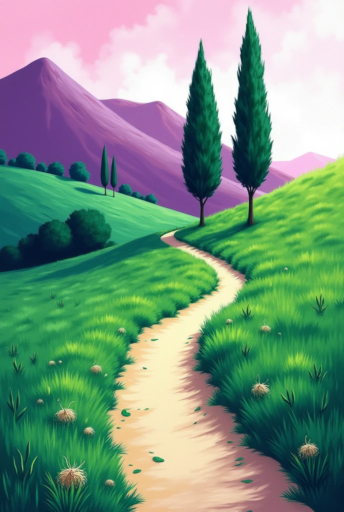 A landscape drawing using the bichrome technique, In the landscape you can see a dirt road with 3 cypress trees (Two to my RIGHT and one to my LEFT, the one on the LEFT a little further away than the other 2 ), straw in the grass and a hill or hills behind. The colors should be bright and cheerful BICHROMY; GREEN AND PURPLE are the ONLY colors in the entire drawing.
technique: BICHROMIA It is an abstract work, in organic forms, the sky is drawn or formed by organic shapes, and I repeat, only the colors green and purple are used