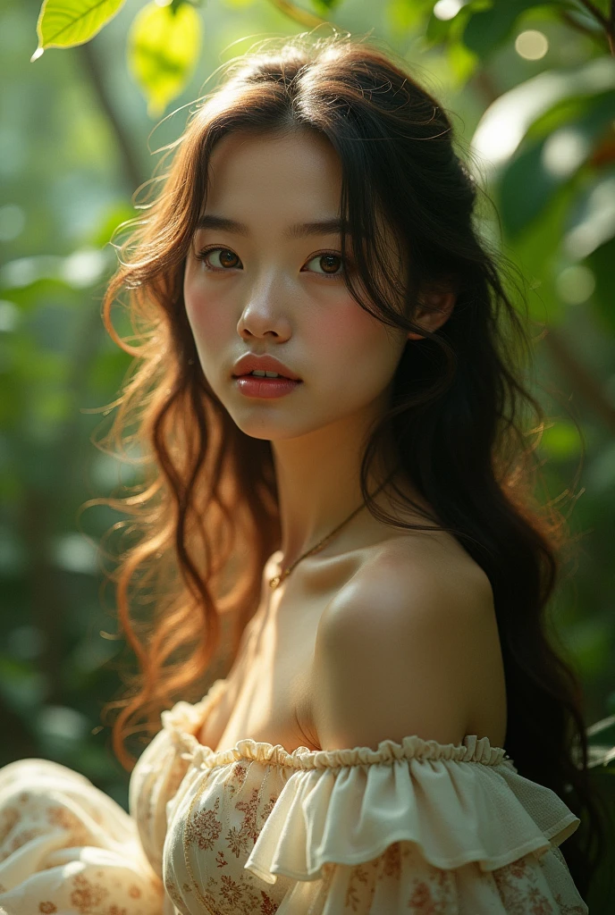 1girl, detailed face, beautiful eyes, luscious lips, flawless skin, long hair, serene expression, flowing dress, intricate patterns, natural setting, lush greenery, sunlight filtering through leaves, ethereal, dreamlike, vibrant colors, warm tones, soft focus, (best quality,4k,8k,highres,masterpiece:1.2),ultra-detailed,(realistic,photorealistic,photo-realistic:1.37)