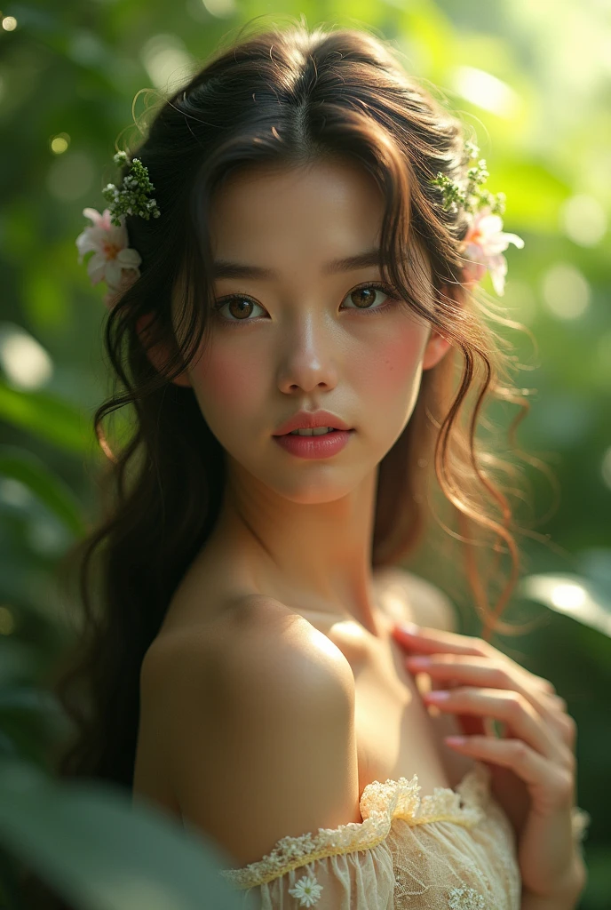 1girl, detailed face, beautiful eyes, luscious lips, flawless skin, long hair, serene expression, flowing dress, intricate patterns, natural setting, lush greenery, sunlight filtering through leaves, ethereal, dreamlike, vibrant colors, warm tones, soft focus, (best quality,4k,8k,highres,masterpiece:1.2),ultra-detailed,(realistic,photorealistic,photo-realistic:1.37)