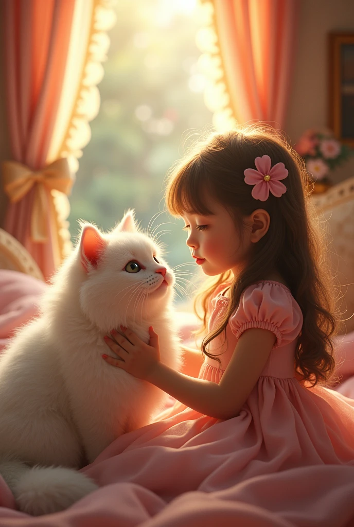 A girl, beautiful fluffy cat, bidding, Idyllic, magic scene, beautiful room , (Best Quality, 4k, 8k, High resolution, masterpiece:1.2), ultra detailed, (realist, photorealist, photo-realist:1.37), warm lighting, vibrant colors, soft focus, Fairy tale, dreamer, cozy, adorable, Beautiful, Capricious, fancy, charming, sereno, peaceful, innocent, comforting, Imaginative
