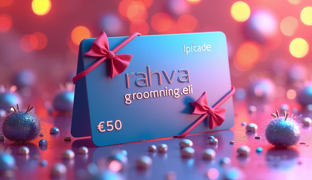 3D render of the highest quality. Gift card for grooming salon. Plastic with bright design and inscriptions: Rahvagrooming.ee, €50