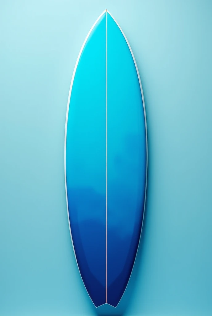 Ein Surfboard, which is azure blue on the top and sky blue on the bottom. The shades of blue merge in the middle. It has a white border and a fishtail
