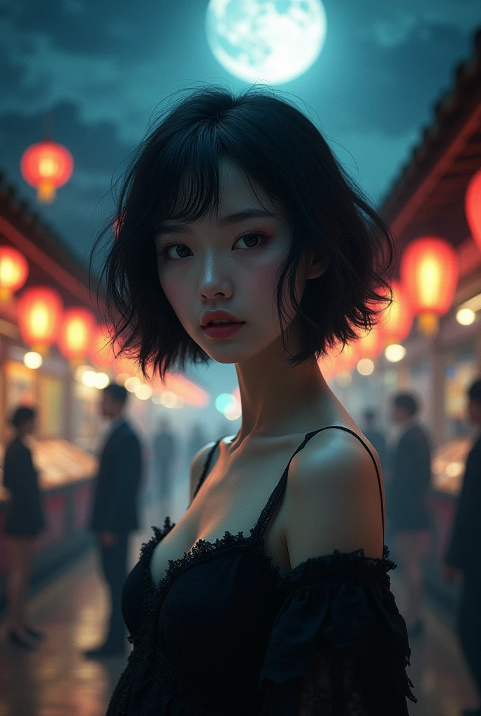 (halfbody shot,street lamps,moon),Masterpiece, 1girl, solo exhibition, beautiful woman on the bustling street, surrounded by hawkers, beautiful goddess girl portrait, beautiful and detailed face, porcelain skin, (((bust shot, center, night, black hair, short hair)), super soft lighting, symmetry, complexity, elegance, high detail, realism, art, concept art,