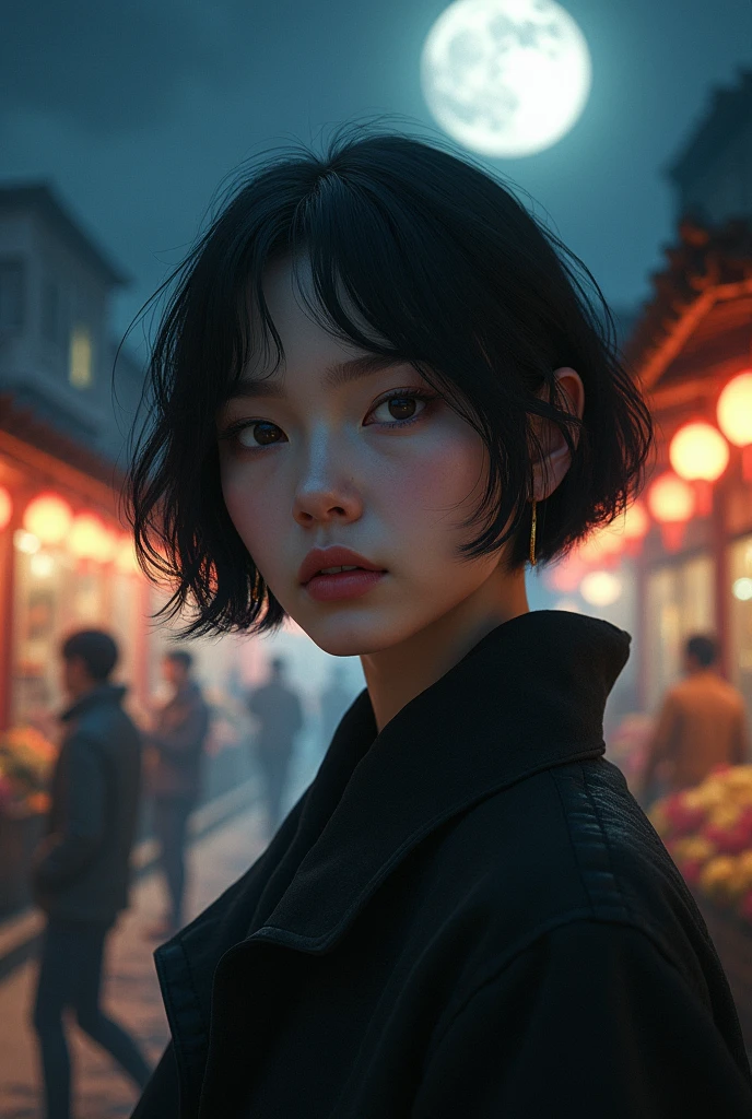 (halfbody shot,street lamps,moon),Masterpiece, 1girl, solo exhibition, beautiful woman on the bustling street, surrounded by hawkers, beautiful goddess girl portrait, beautiful and detailed face, porcelain skin, (((bust shot, center, night, black hair, short hair)), super soft lighting, symmetry, complexity, elegance, high detail, realism, art, concept art,
