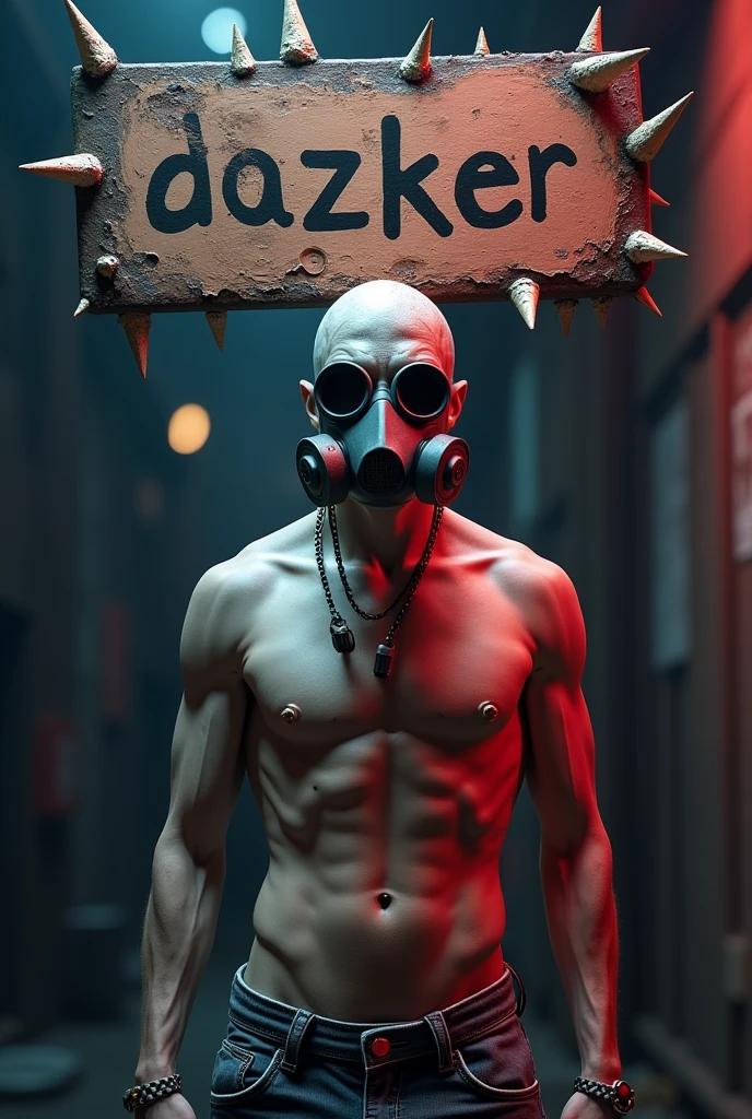 Naked gamer avatar wallpaper holding a spiked sign with the word DAZKER wearing a toxic gas mask in 3D style