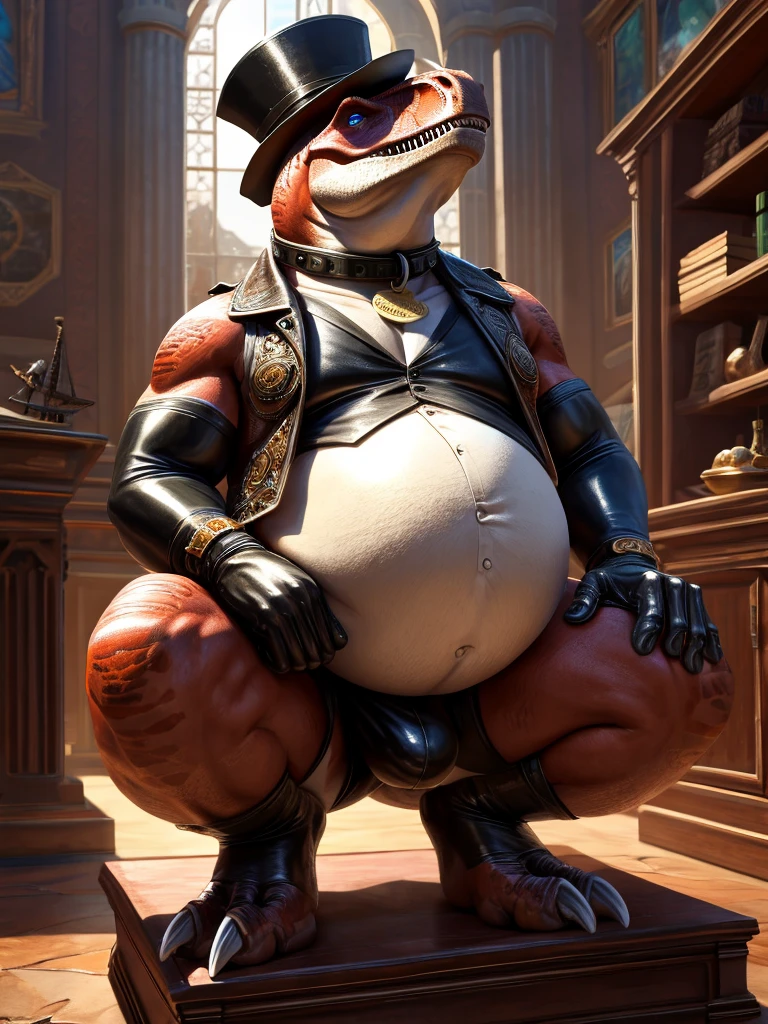 Dinosaur, leather collar, white rubber gloves on hands and feet, white spats on feet, fat, bulging belly, large belly, (high quality,4k,8k,highres,masterpiece:1.2),ultra-detailed,(realistic,photorealistic,photo-realistic:1.37), masterpiece,(intricate details), captivating artwork, artistically rendered, masterful strokes, attention to detail, tasteful composition, alluring charm, careful shading, great attention to anatomy, meticulous rendering, impeccable craftsmanship, vivid colors, perfect balance between realism and fantasy. Solo, Male, fat, squatting, extremely obese, gentleman, dapper Professor Dinosaur, bulging belly, large belly, blue eyes, (posing:1.3), (soft shading), 4k, hi res, ((detailed face, detailed)), looking at viewer, mouth wide open, steampunk, office, collared shirt with buttons, top hat, male focus, Explorer Outfit, glasses, monocle, vest with buttons, sleeves rolled up, round eyewear, brown headwear, brown vest, Dinosaur is wearing a glossy leather dog collar around the neck, Dinosaur is wearing the leather collar and shirt and vest at the same time, Dinosaur is wearing glossy white rubber gloves on the hands, wearing white rubber gloves on the feet, gloves are rubber in texture, clenching teeth, clenching fists, leather collar is glossy and shiny with a lot of detail, Dinosaur is wearing gloves and leather collar at the same time, leather collar has a round dog-tag, leather collar is thick and detailed.