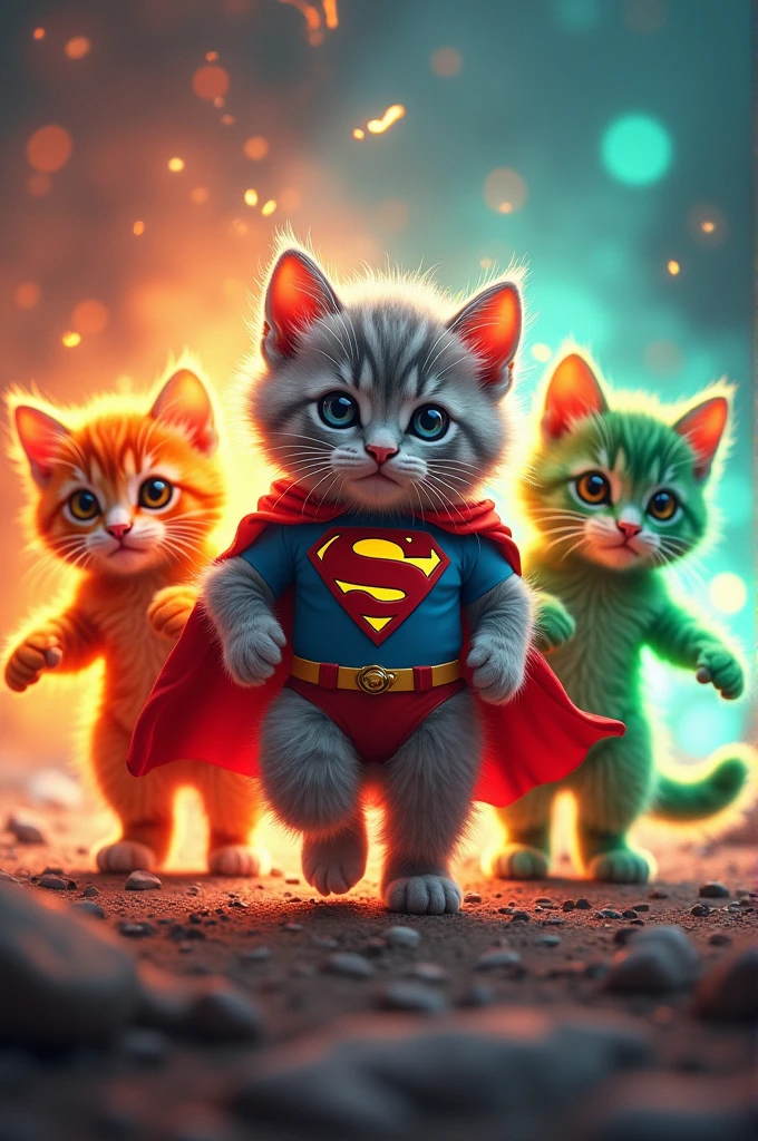 The image you uploaded shows three adorable kittens, each stylized with unique superhero-like elements:
1. **Left Kitten**: A bright red kitten with an intense fiery glow surrounding it. The kitten has a fierce, determined expression, and the background is ablaze with red and orange hues, resembling a fire-themed superhero.
2. **Center Kitten**: A gray kitten wearing a Superman-like outfit, complete with a red cape and a blue suit featuring the iconic Superman emblem. The background includes planets and a cosmic scene, highlighting a space or super-powered theme.
3. **Right Kitten**: A green kitten with an electric aura, giving off a glowing green light. The kitten appears to be standing in a charged environment, possibly representing an electricity-themed superhero.
The overall style is vibrant and playful, combining the cuteness of kittens with the epicness of superhero themes. The center of the image features the text "CARTOON FINAL UNIVERSE" in bold, positioned across the chest of the middle kitten, which further emphasizes the theme of a cartoon or animated superhero universe.