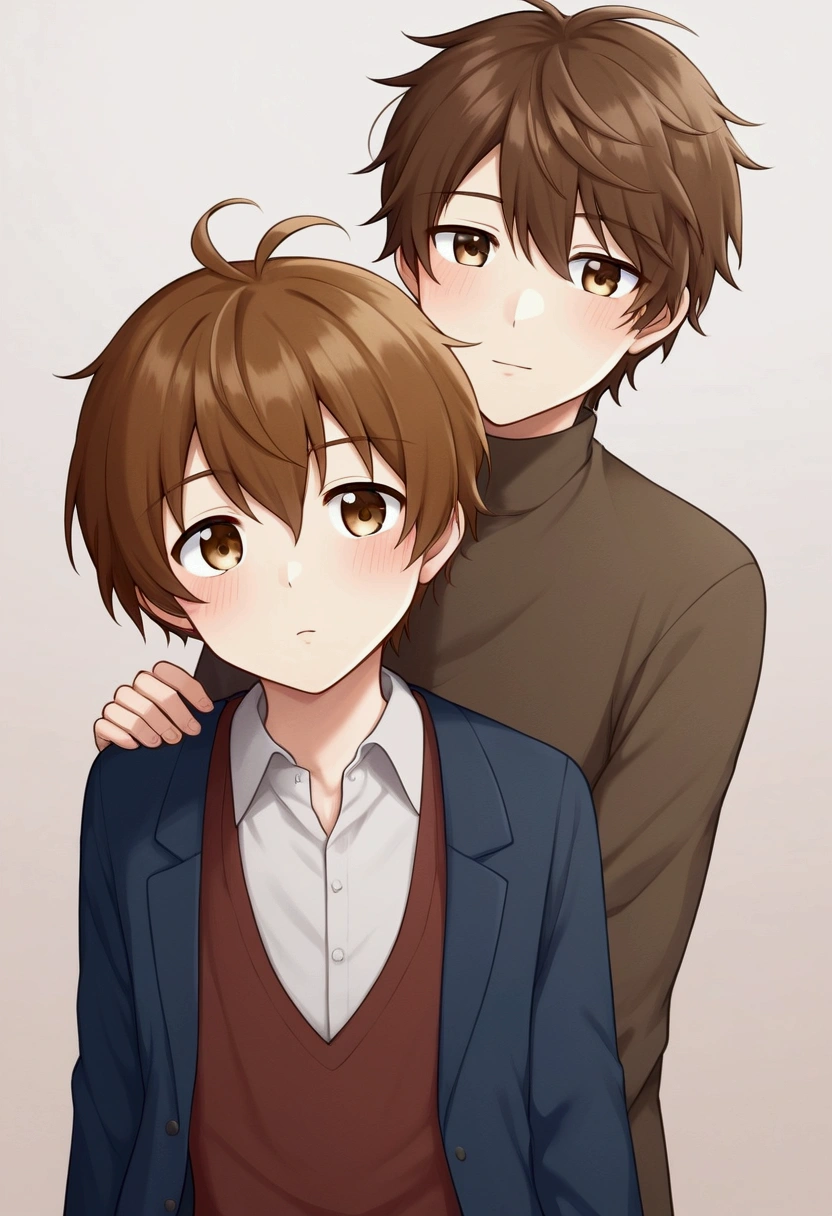 anime boy, brown hair, hazel eyes, and attractive physical features. With hair like Newt Scamander
