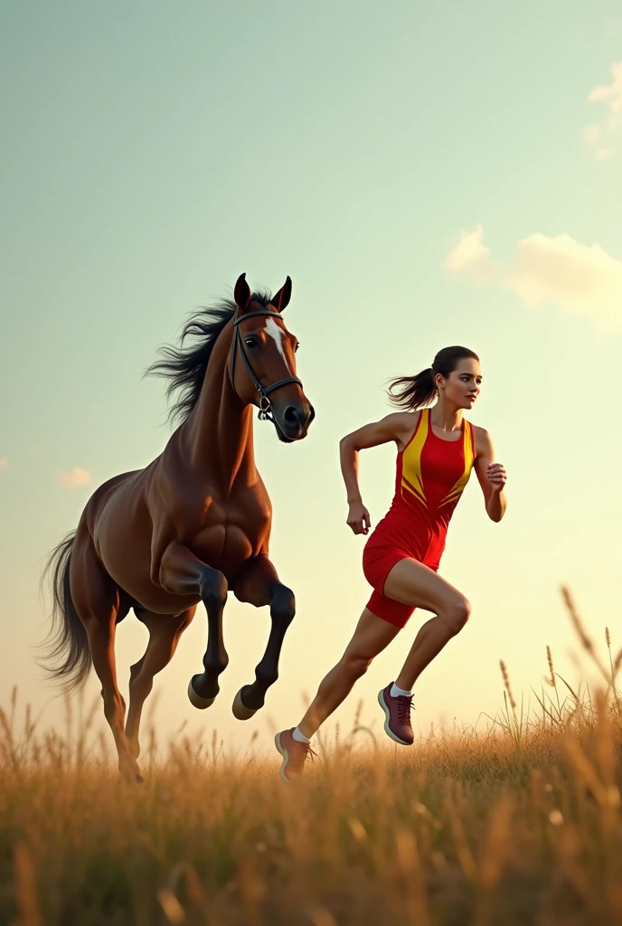  un marathonien qui essaie de rattraper une dame sur un cheval.  
Il ne doit y avoir qu'un seul marathonien en train de courir et qu'une seule dame sur le cheval. Le cheval devra être au galop.
Les 2 seront de profils. 
Ils devront porter une tenue vestimentaire rouge et jaune . 