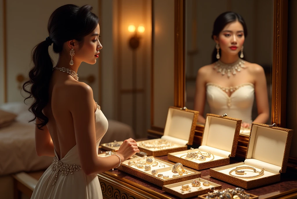 Woman with a jewelry collection: An elegant woman is in her luxurious bedroom, standing in front of a mirror wearing sparkling jewelry. There are several open jewelry boxes on the vanity, filled with shining necklaces, earrings, and bracelets.