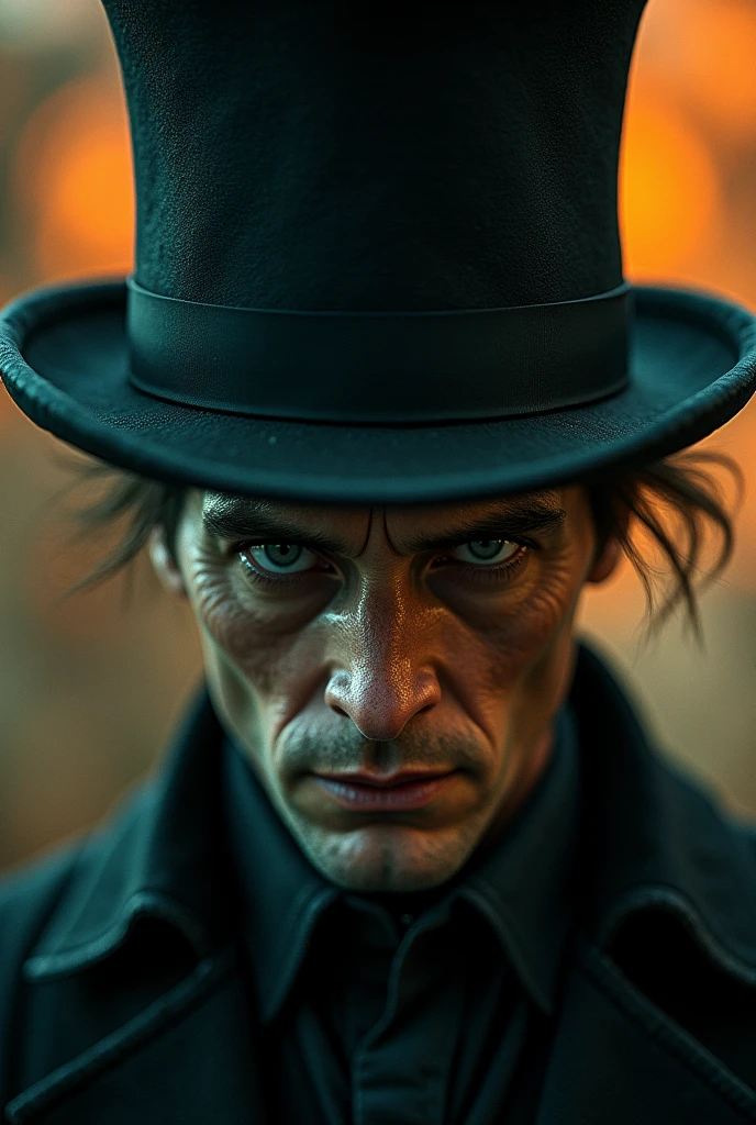 A close up of a man wearing a top hat, john picacio and brom, willem dafoe as scarecrow, best of behance, madhatter, josan gonzalez and tyler edlin, by Jack Davis,, character design, embers, bright bold colors, macro lens, dark fantasy, decopunk, cinematic, dslr, bokeh, american horror story, redneck