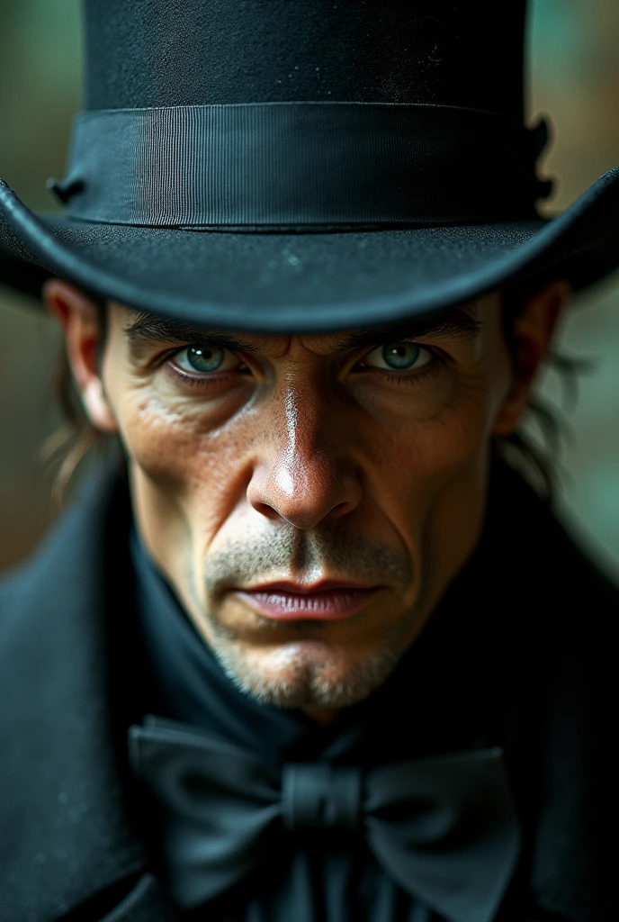 A close up of a man wearing a top hat, john picacio and brom, willem dafoe as scarecrow, best of behance, madhatter, josan gonzalez and tyler edlin, by Jack Davis,, character design, embers, bright bold colors, macro lens, dark fantasy, decopunk, cinematic, dslr, bokeh, american horror story, redneck