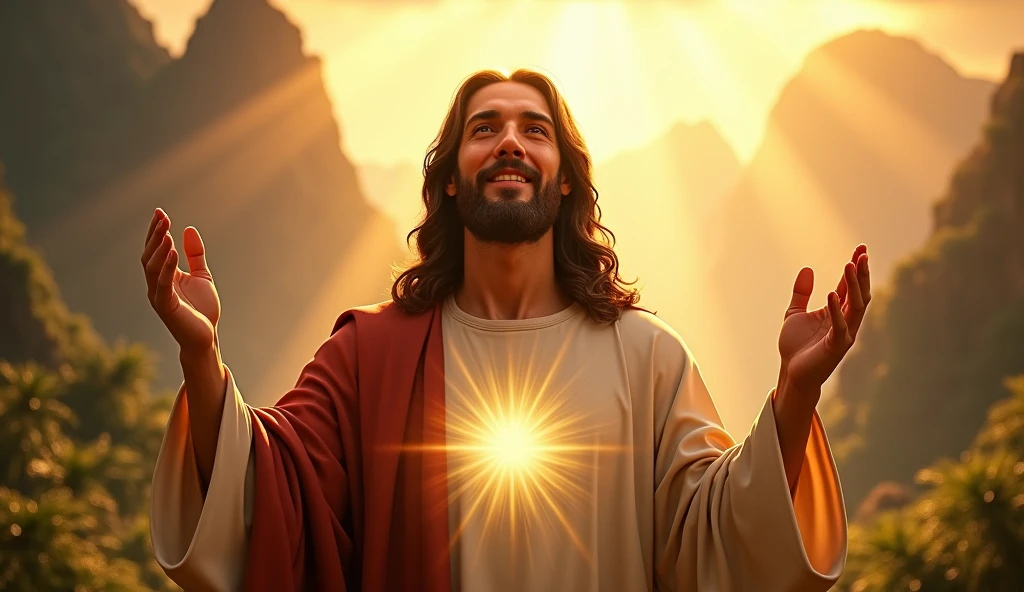 Ultra realistic Christ smiling with loving face with hands in blessing gesture to the viewer. shine that comes from an ultra radiant heart in light, loving, shining eyes to the viewer, convey depth and tropical mountain background and afternoon sun with many rays of light coming from the sky