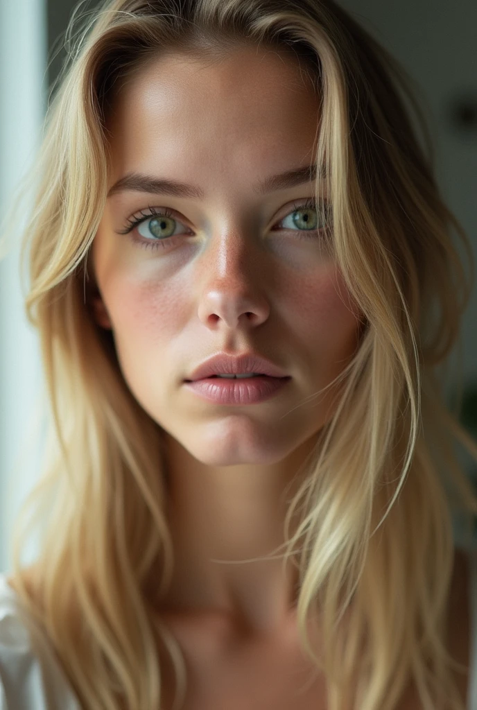 Visage de jolie fille, yeux verts, blonde, origine suédoise, cheveux long, seule, ne portant rien, visage tournée vers la caméra, regard vers la caméra, visage dégagé, 23 ans